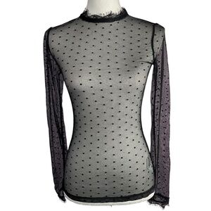 Swiss Dot Sheer Mesh Top NEW S Black Eyelash Lace Trim Keyhole Back Slim Fit
